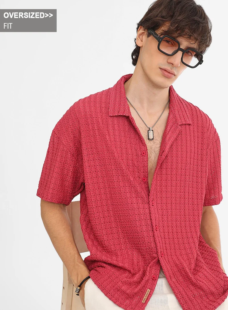 Campus Sutra Men's Crimson Red Hollow Knit Oversized Shirt