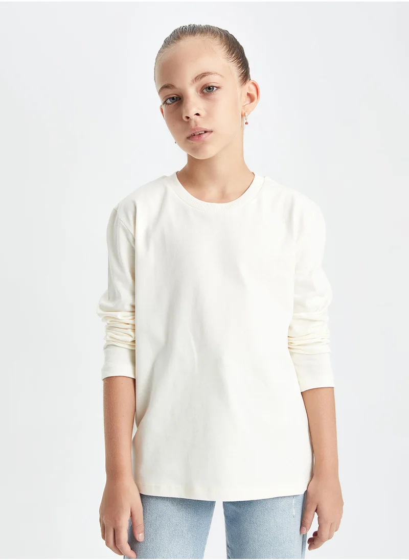 ديفاكتو Crew Neck Basic White Long Sleeve School T-Shirt