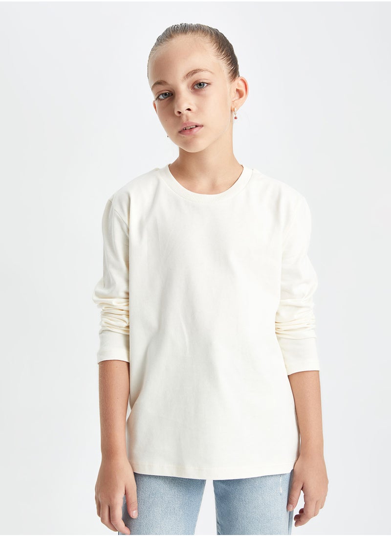 DeFacto Crew Neck Basic White Long Sleeve School T-Shirt  - Image 1