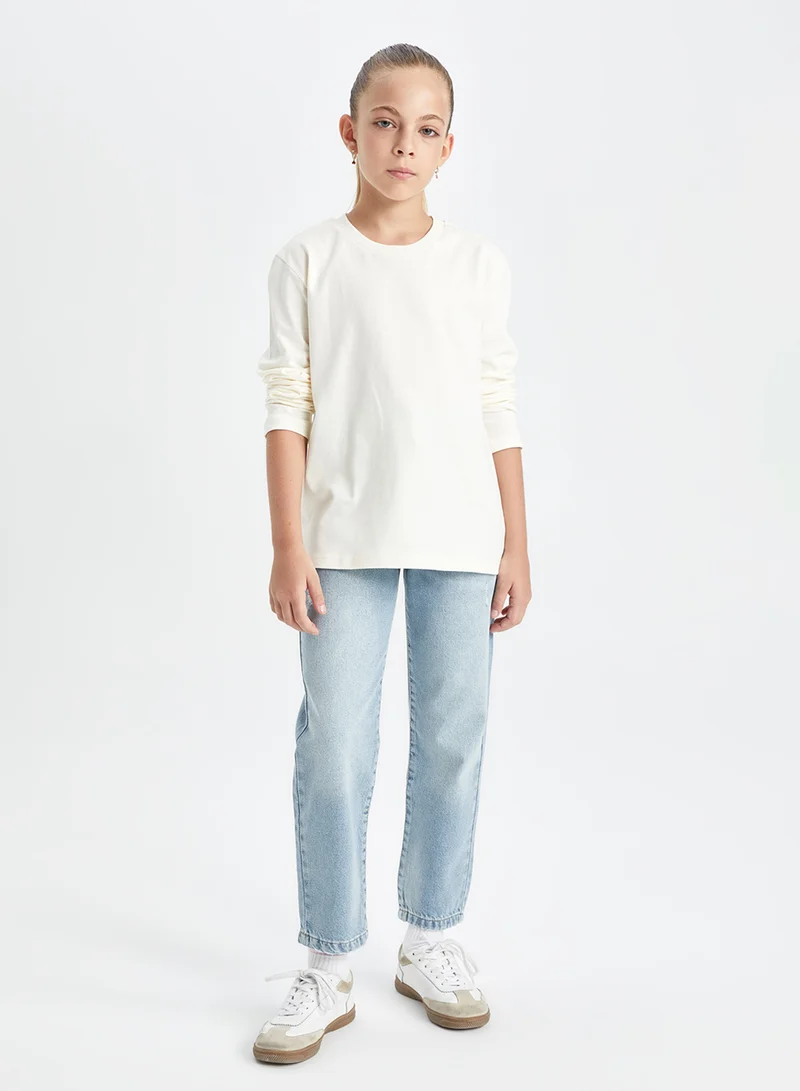 ديفاكتو Crew Neck Basic White Long Sleeve School T-Shirt