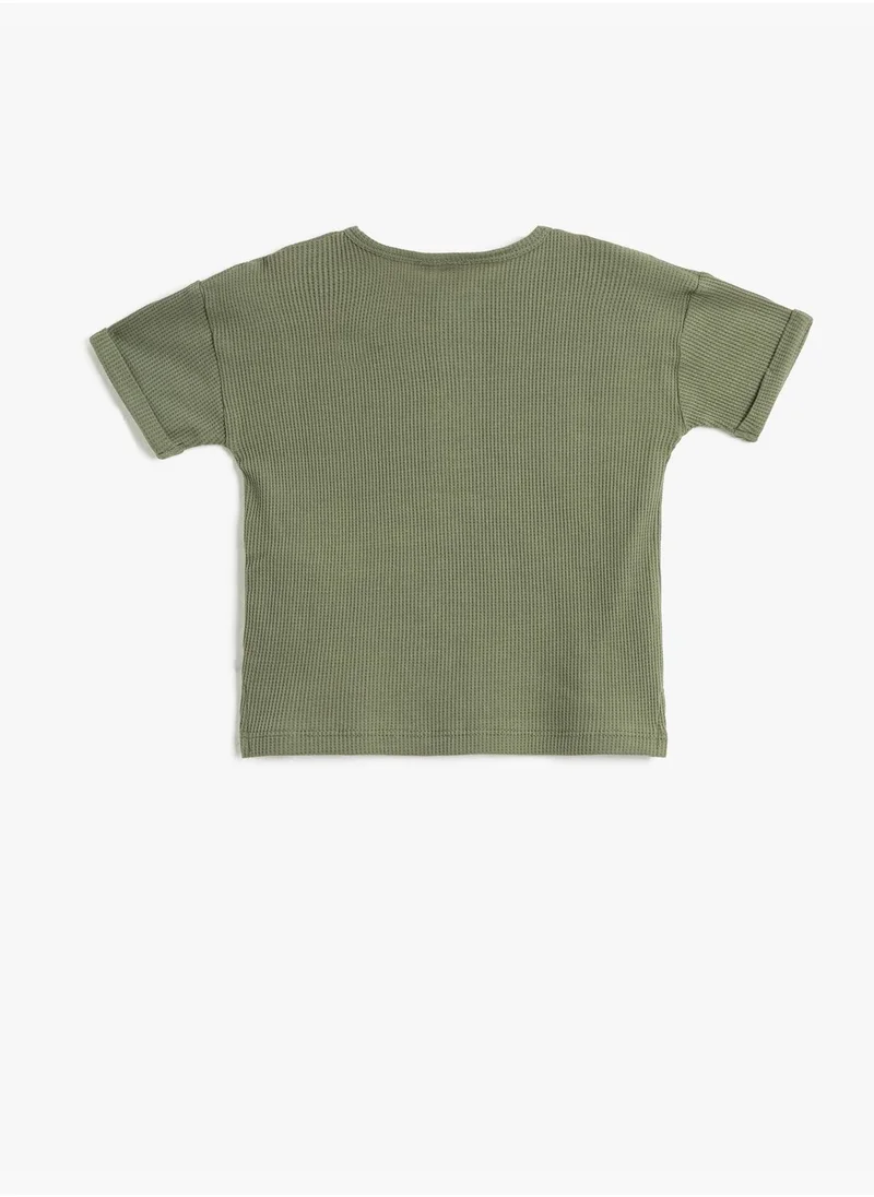 كوتون T-Shirt Button Detail Short Sleeve Crew Neck Ribbed Cotton