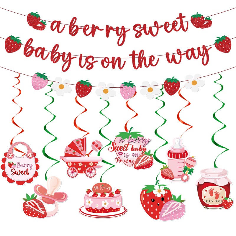 Refavor Strawberry Baby Shower Decorations - A Berry Sweet Baby Is on the Way Banners Cute Strawberry Decorations Strawberry Sweet Baby Hanging Swirls Ceiling Decor Girls - Image 1