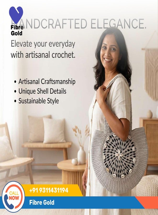 FIBREGOLD Handmade Crochet Tote Bag for Women | Boho Shoulder Bag with Cowrie Shell Detailing | Eco-Friendly Handwoven Handbag for Daily Use, Travel & Shopping - Image 2