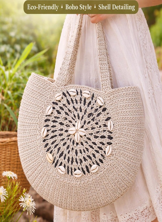 FIBREGOLD Handmade Crochet Tote Bag for Women | Boho Shoulder Bag with Cowrie Shell Detailing | Eco-Friendly Handwoven Handbag for Daily Use, Travel & Shopping - Image 4