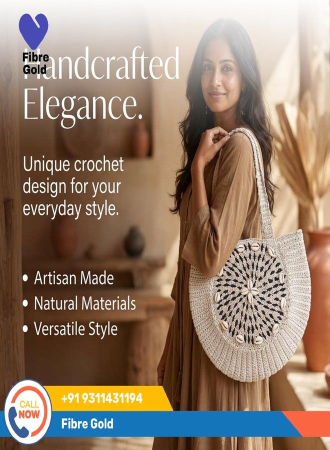 FIBREGOLD Handmade Crochet Tote Bag for Women | Boho Shoulder Bag with Cowrie Shell Detailing | Eco-Friendly Handwoven Handbag for Daily Use, Travel & Shopping - Image 3