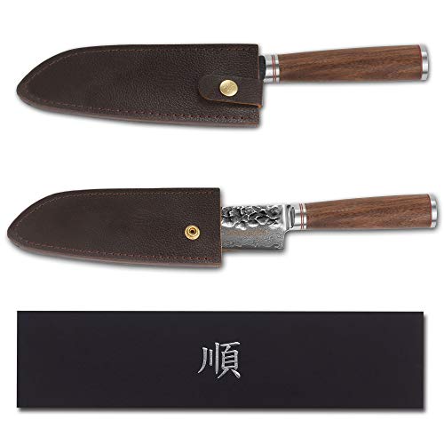 YOUSUNLONG Chef's Knives SE 7 Inch Damascus steel Japanese Hammered Designed For Women - Natural Walnut Wooden Handle with Leather Sheath - Image 4