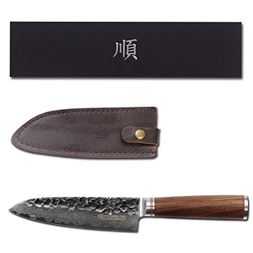 YOUSUNLONG Chef's Knives SE 7 Inch Damascus steel Japanese Hammered Designed For Women - Natural Walnut Wooden Handle with Leather Sheath - Image 3