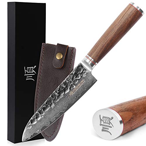 YOUSUNLONG Chef's Knives SE 7 Inch Damascus steel Japanese Hammered Designed For Women - Natural Walnut Wooden Handle with Leather Sheath - Image 1