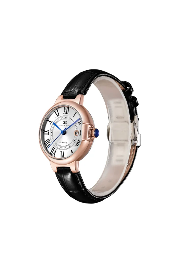 KENNETH SCOTT Women's Analog Display Watch With Black Genuine Leather  Strap - K23553-RLBW