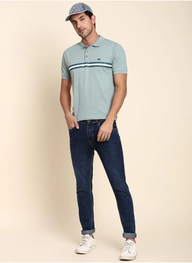 دينيس لينغو Teal Regular Fit T-shirt for Men - 100% Cotton, Striped, Polo Collar, Polo Neck, Half Sleeves, Casual