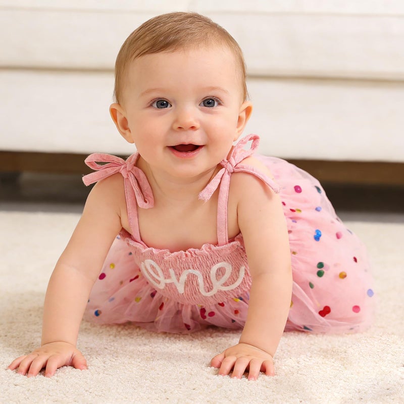 TITKKOP Baby Girl 1st Birthday Clothes One Year Old Tulle Romper Sleeveless Bodysuit Cake Smash Outfits(pink-dot,12-18M) - Image 5