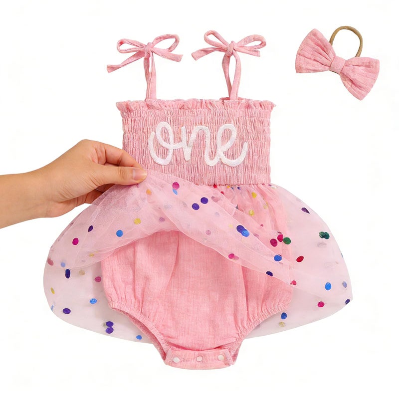 TITKKOP Baby Girl 1st Birthday Clothes One Year Old Tulle Romper Sleeveless Bodysuit Cake Smash Outfits(pink-dot,12-18M) - Image 3
