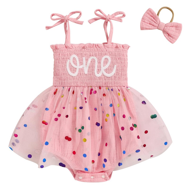TITKKOP Baby Girl 1st Birthday Clothes One Year Old Tulle Romper Sleeveless Bodysuit Cake Smash Outfits(pink-dot,12-18M) - Image 1