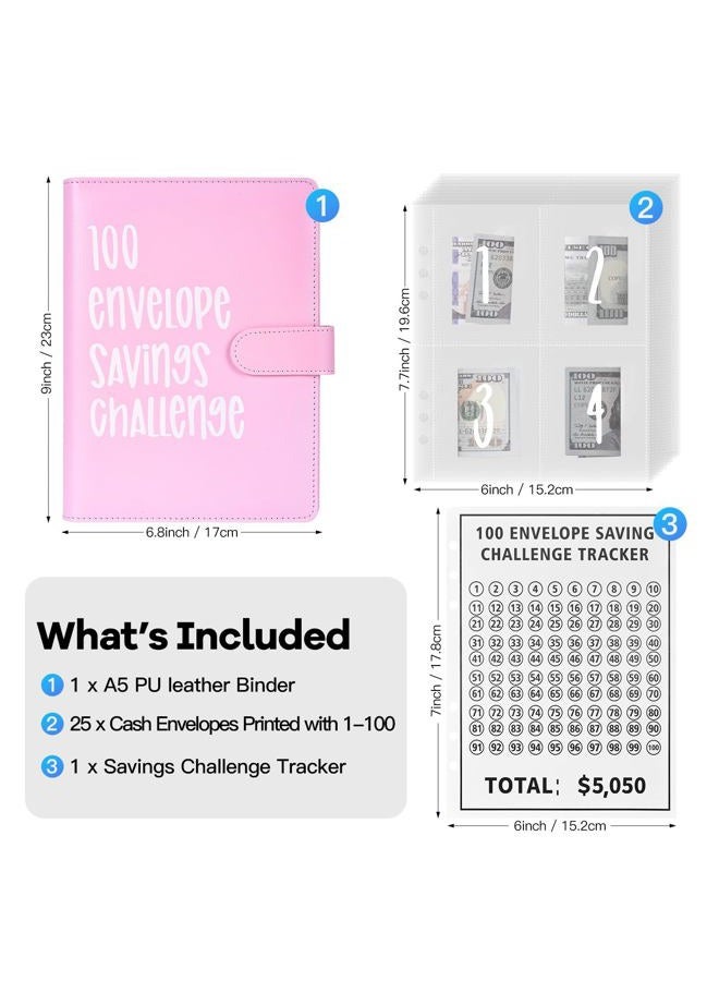 ARRLSDB 100 Envelopes Challenge Binder, 100 Envelopes Money Saving Challenge, A5 Money Saving Budget Binder with Cash Envelopes to Save $5,050 Budget Planner Black (Pink) - Image 2