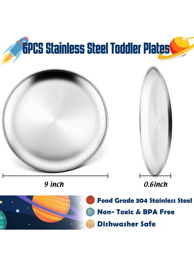 HaWare 6-Piece 18/8 Stainless Steel Plates, Metal 304 Dinner Dishes for Kids Toddlers Children, 9 Inch Feeding Serving Camping Plates, Reusable Dinnerware, Shatterproof & Non-toxic, Dishwasher Safe