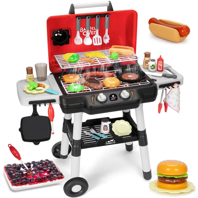 TooyBing Kids Play Kitchen Toys Kids BBQ Grill Playset with Smoke Sound Light 2Layer Barbecue Toy with Wheels Outdoor Play Food Toys Cooking Set for Toddlers 35 Birthday for Boys Girls - Image 2