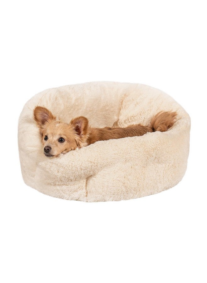 سرير دائري مُدفأ ذاتيًا للحيوانات الأليفة من Furhaven مقاس 20 بوصة للقطط والكلاب الصغيرة التي تعيش في المنزل، قابل للغسل بنسبة 100%، مناسب للحيوانات الأليفة التي يصل وزنها إلى 20 رطلاً - سرير فاخر من الفرو الصناعي من Hi Lo - كريمي، صغير - Image 1