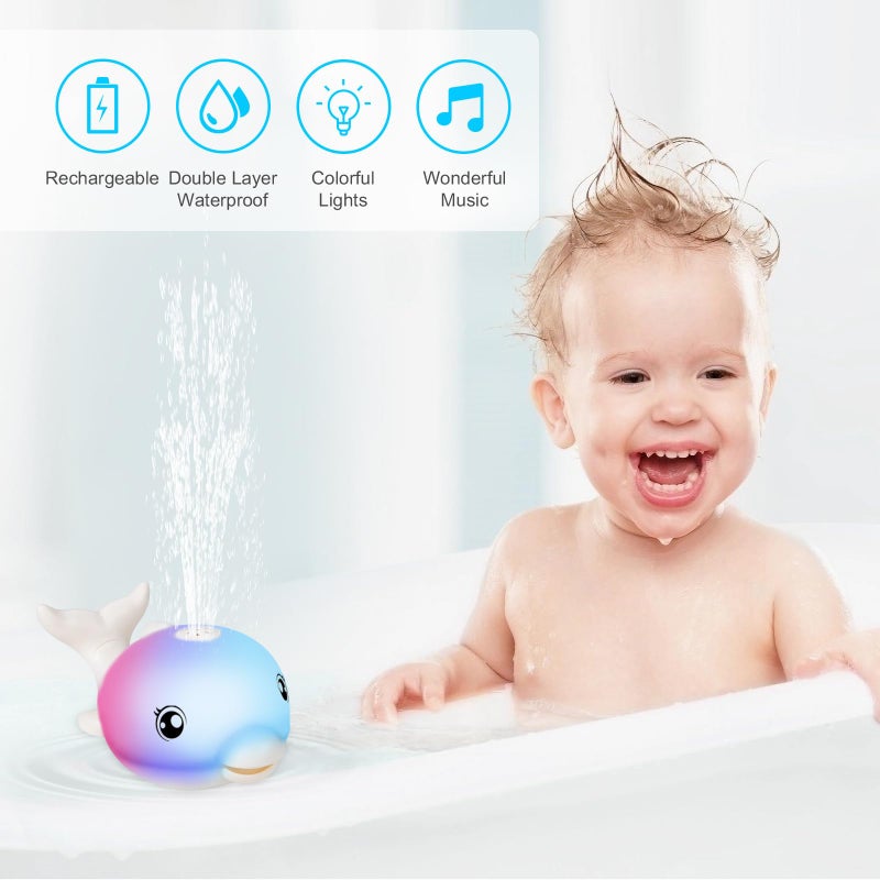 TOHIBEE 2024 Upgraded Bath Toys  Rechargeable Baby Bath Toys  Dolphin Spray Water Light Up Musical Toys 6-12 12-18 Months  Sprinkler Water Pool Bathtub Toys for Toddlers 1-3 2-4 Boys Girls Infant Kids - White - Image 5