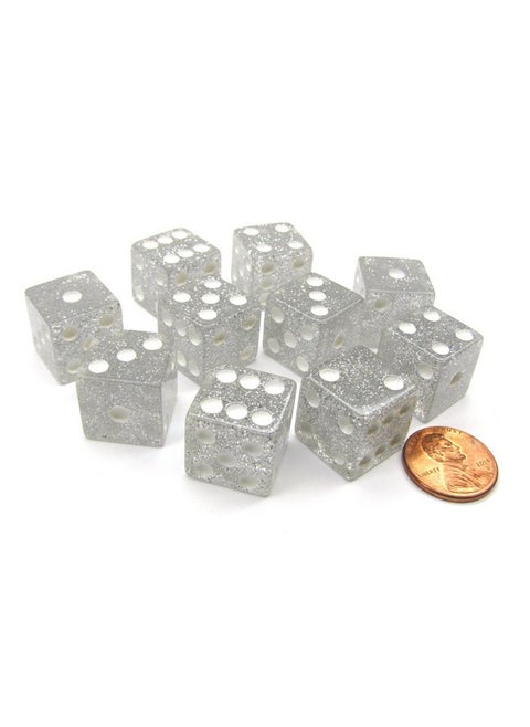 Koplow Games Set of 10 D6 16mm Glitter Dice - Clear/White with White Pips