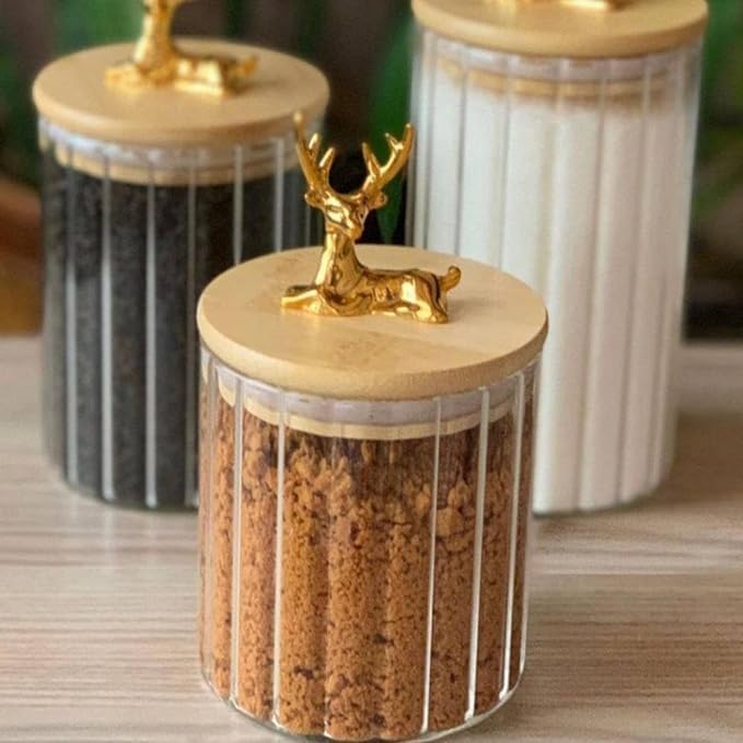 Clear Glass Candy Containers Set with Deer Shape Tight Wooden Lid (Capacity: 750ml, 550ml, 350ml) - Image 2