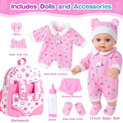 BDDOLL 12 Baby Doll in Gift Box with Pink Backpack Cloths Feeding Bottle and Pacifier First Baby Dolls for Toddlers 3 Years and Up - Image 5