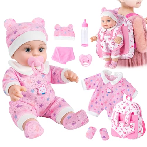 BDDOLL 12 Baby Doll in Gift Box with Pink Backpack Cloths Feeding Bottle and Pacifier First Baby Dolls for Toddlers 3 Years and Up - Image 1