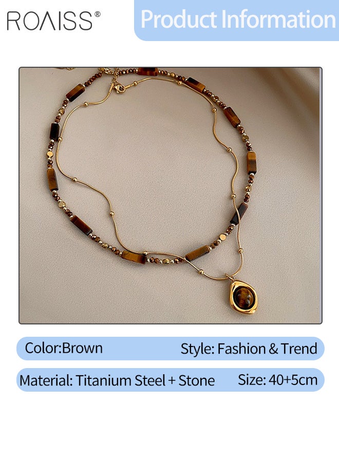 رويس قلادة أنيقة متعددة الطبقات من حجر عين النمر للنساء، قلادة مزدوجة الطبقات من الخرز البني، مجموعة إكسسوارات مجوهرات للحفلات واليومية مناسبة للسترات والتنانير المتطابقة - Image 2