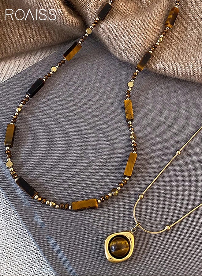 رويس قلادة أنيقة متعددة الطبقات من حجر عين النمر للنساء، قلادة مزدوجة الطبقات من الخرز البني، مجموعة إكسسوارات مجوهرات للحفلات واليومية مناسبة للسترات والتنانير المتطابقة - Image 4