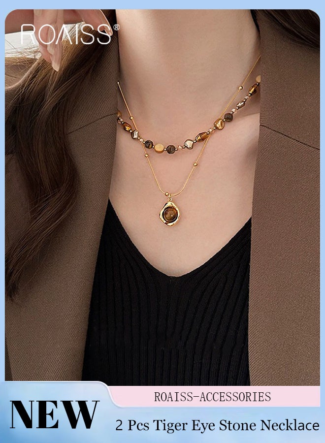 رويس قلادة أنيقة متعددة الطبقات من حجر عين النمر للنساء، قلادة مزدوجة الطبقات من الخرز البني، مجموعة إكسسوارات مجوهرات للحفلات واليومية مناسبة للسترات والتنانير المتطابقة - Image 1