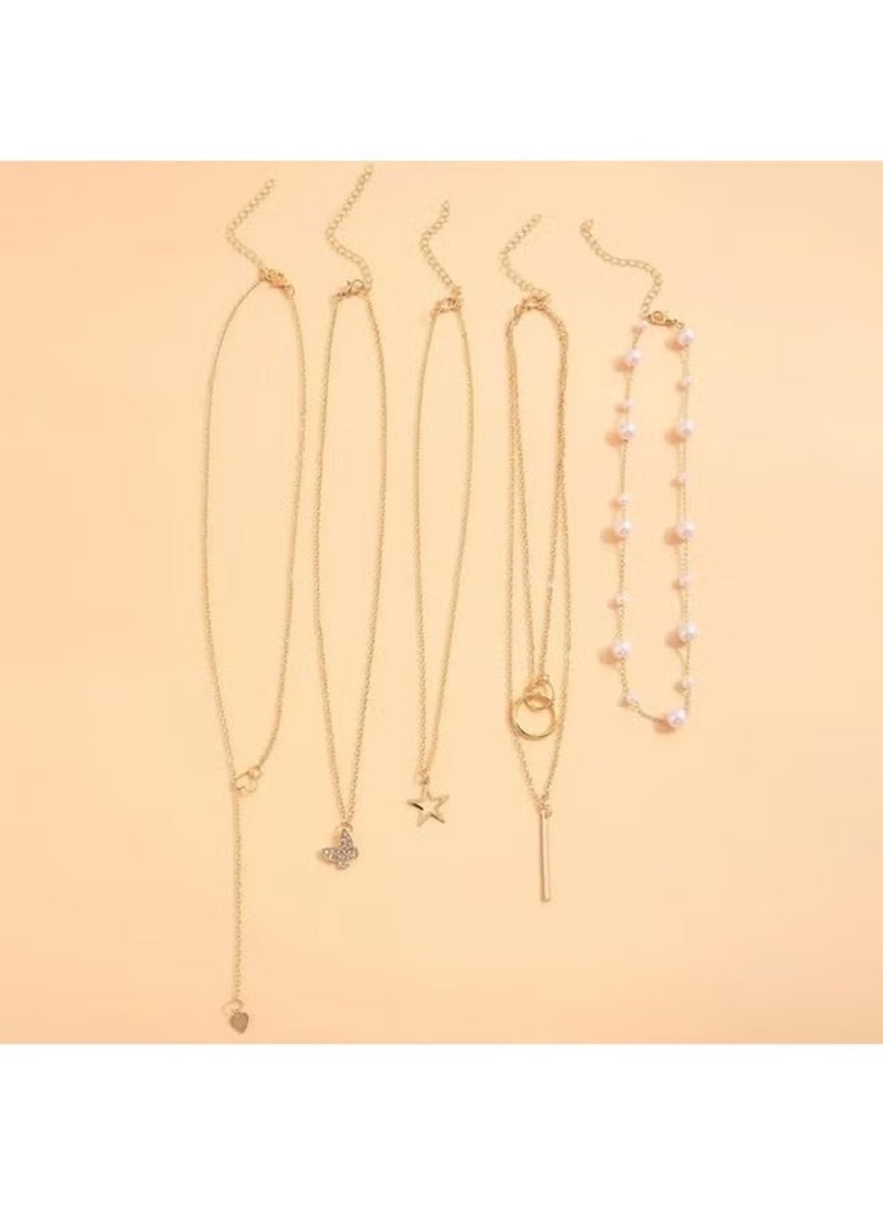 Huitich 5-Piece Gold Color Necklace Set for Women – Butterfly, Star, Heart, Bar & Pearl Chain Designs - Image 3