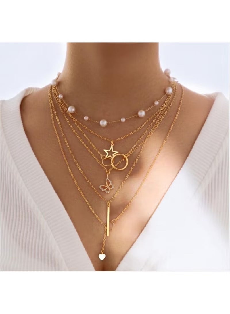 Huitich 5-Piece Gold Color Necklace Set for Women – Butterfly, Star, Heart, Bar & Pearl Chain Designs - Image 2