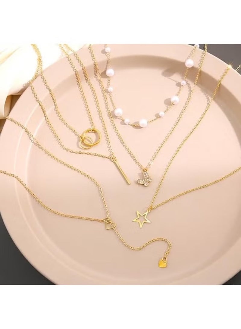 Huitich 5-Piece Gold Color Necklace Set for Women – Butterfly, Star, Heart, Bar & Pearl Chain Designs - Image 4