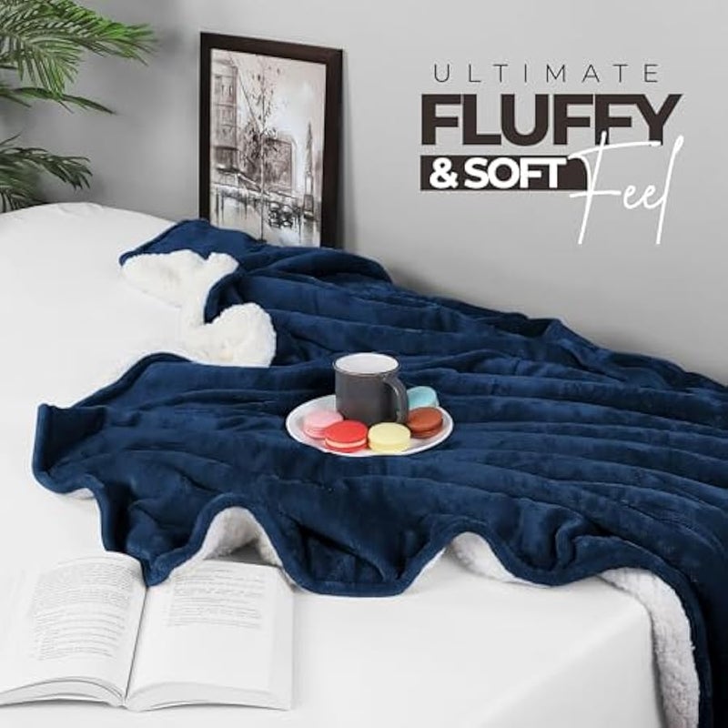 Loquat Sherpa Bed Blanket Queen Size Navy 480GSM Plush Blanket Fleece Reversible Blanket for Bed and Couch (90x90 Inches) - Image 5