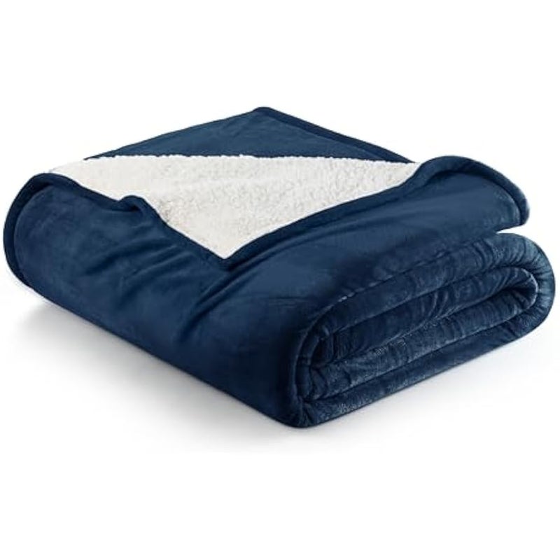 Loquat Sherpa Bed Blanket Queen Size Navy 480GSM Plush Blanket Fleece Reversible Blanket for Bed and Couch (90x90 Inches) - Image 1