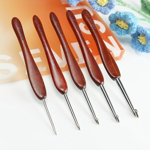 SEVENSUN Mimosa Crochet Hooks Set 5 Pack of 2mm 3mm 4mm 5mm 6mm Crochet Hook SEVENSUN Hand Polished Ergonomic Crochet Hooks Stainless Steel Crochet Hook Wood Handle Pointed Crochet Needle - Image 1