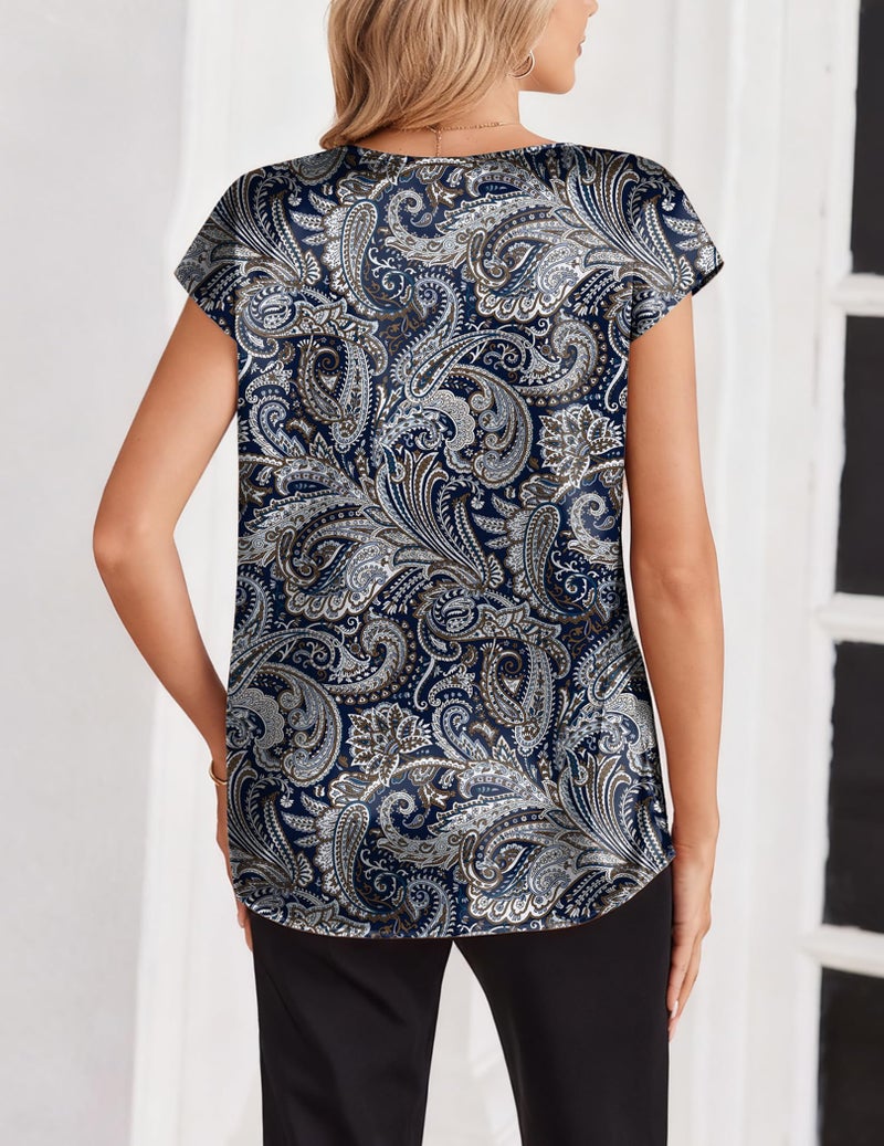 Zeagoo Ladies Tops and Blouses Casual Dressy Boho Shirts V Neck Short Sleeve Satin Tshirts Going Out Top - Image 4
