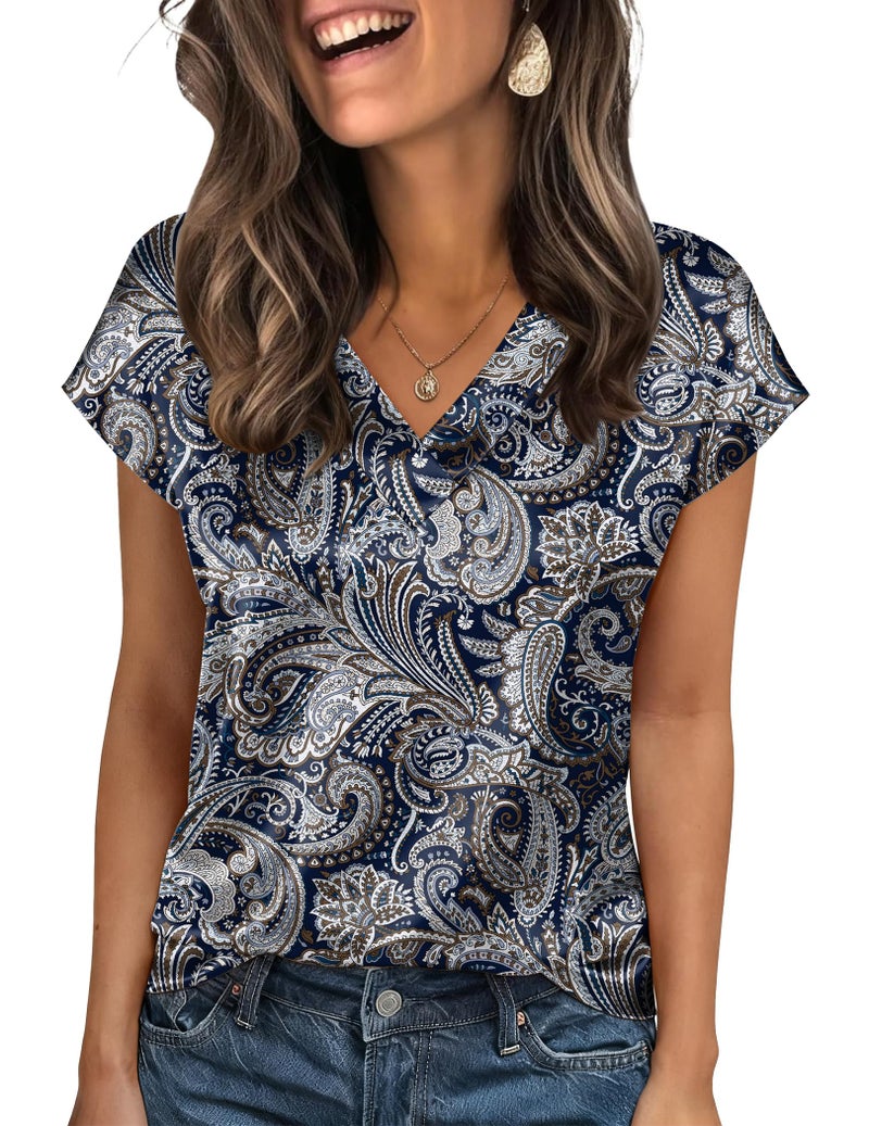Zeagoo Ladies Tops and Blouses Casual Dressy Boho Shirts V Neck Short Sleeve Satin Tshirts Going Out Top - Image 1