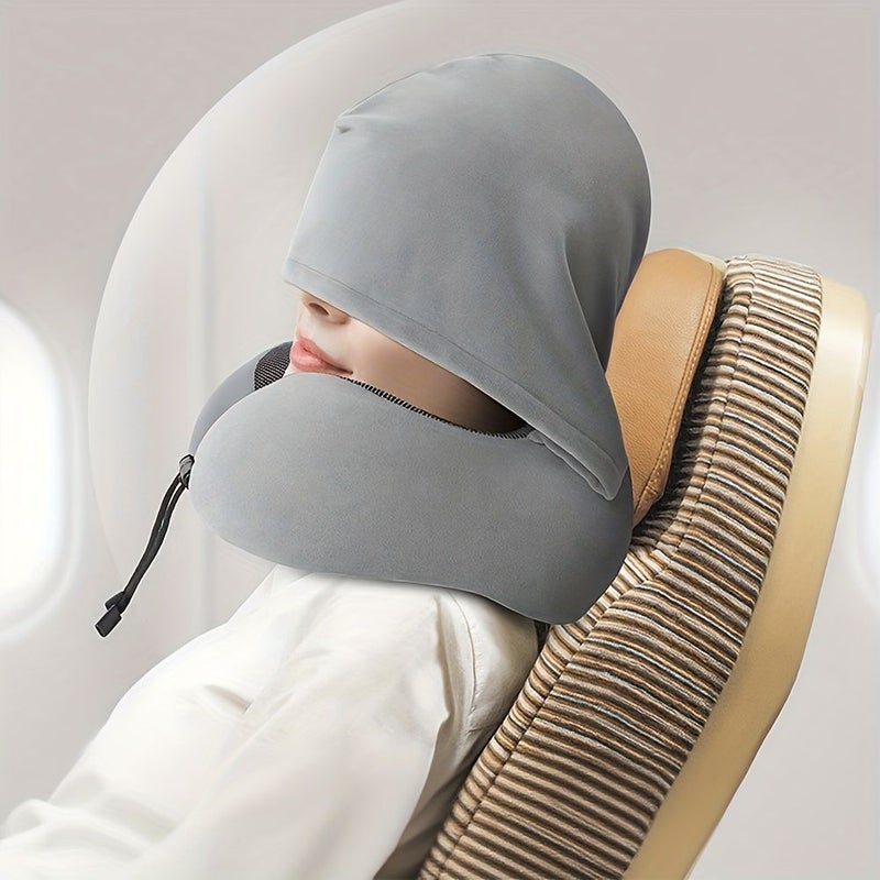 Hooded U Shaped Neck Pillow For Travel Portable Light Blocking For Car Napping Dark Gray - Image 1