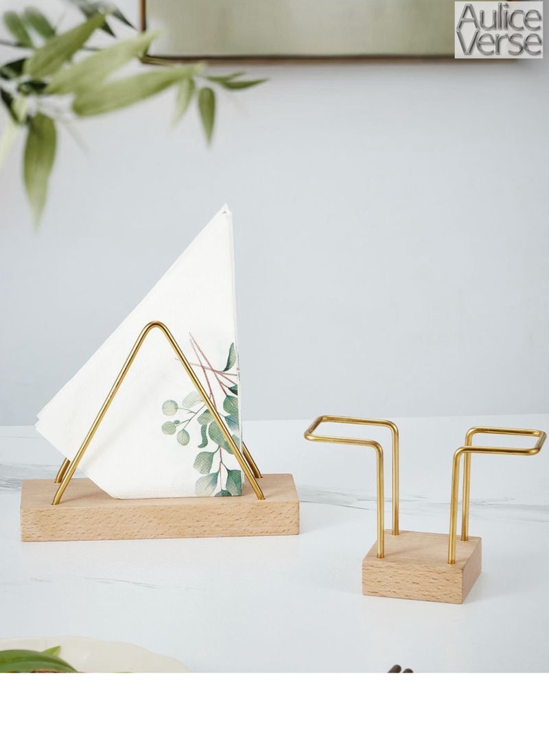 أوليس فيرس  مجموعة حامل المناديل الفاخرة من خشب الزان والمعدن المطلي بالذهب – تصميم مثلث ومربع لفنادق ومطاعم المستوى الراقي - Image 1