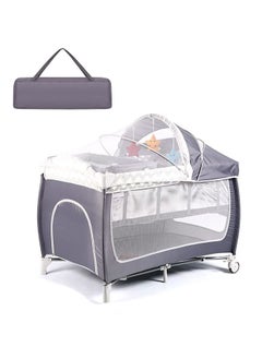Foldable Luxury Nursery Baby Center, Multi-Functional Movable Bed with Removable Diaper Table, Bed Net, Lovely Toys, Storage Bag, Portable Travel Crib with Lockable Wheels, Carry Bag