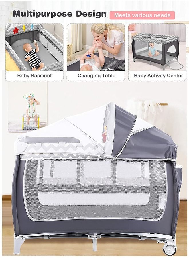 XiuWoo - Foldable Luxury Nursery Baby Center, Multi-Functional Movable Bed with Removable Diaper Table, Bed Net, Lovely Toys, Storage Bag, Portable Travel Crib with Lockable Wheels, Carry Bag - Image 1