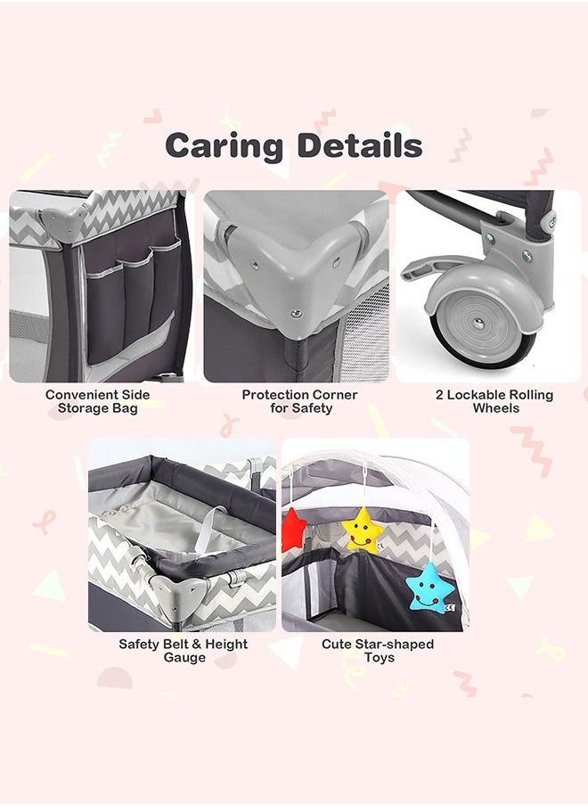 XiuWoo - Foldable Luxury Nursery Baby Center, Multi-Functional Movable Bed with Removable Diaper Table, Bed Net, Lovely Toys, Storage Bag, Portable Travel Crib with Lockable Wheels, Carry Bag - Image 1