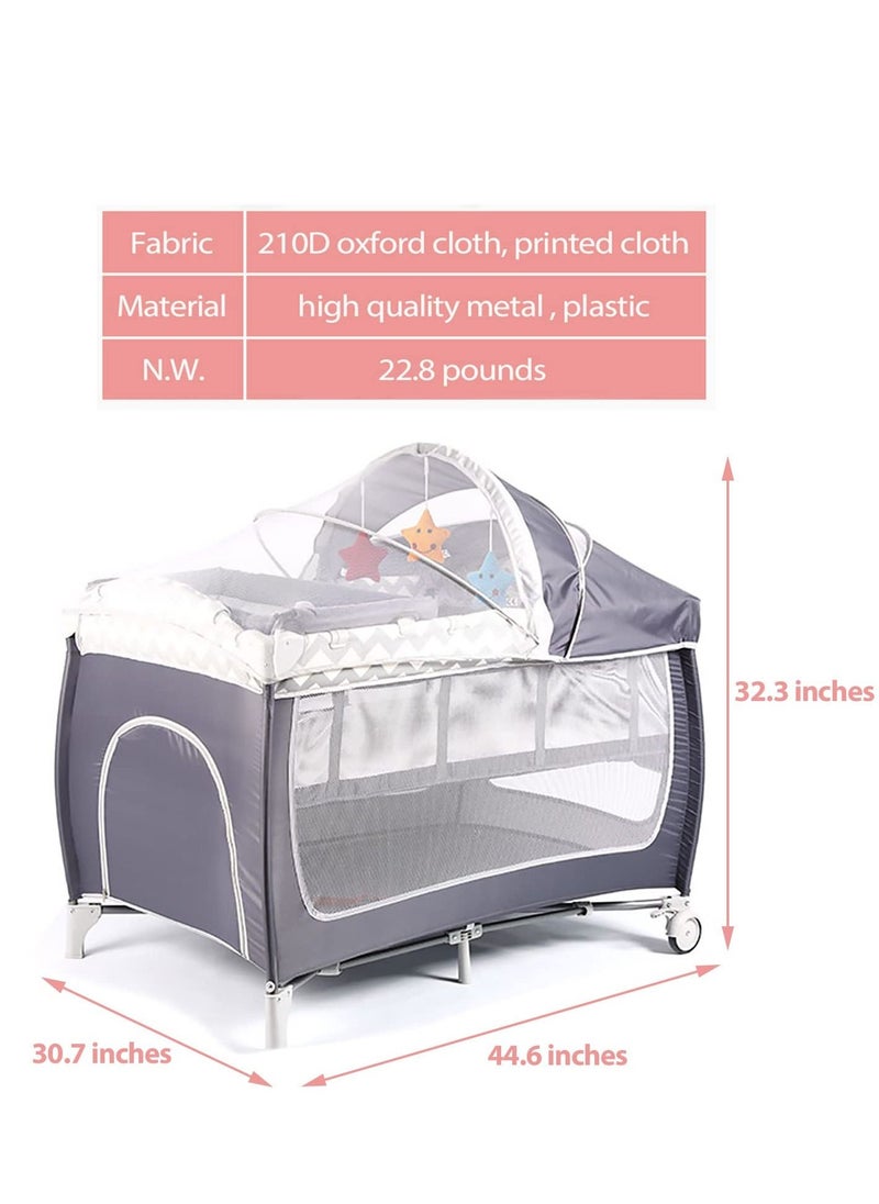 XiuWoo - Foldable Luxury Nursery Baby Center, Multi-Functional Movable Bed with Removable Diaper Table, Bed Net, Lovely Toys, Storage Bag, Portable Travel Crib with Lockable Wheels, Carry Bag - Image 1
