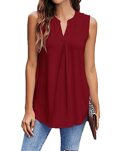 Newchoice Womens V Neck Sleeveless Summer Blouses Trendy Office Work Shirts Loose Fit Dressy Casual Tank Tops (Wine Red, L) - Image 1