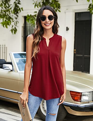 Newchoice Womens V Neck Sleeveless Summer Blouses Trendy Office Work Shirts Loose Fit Dressy Casual Tank Tops (Wine Red, L) - Image 3