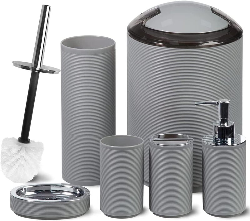 TRIVYOM 6PCS Bathroom Accessories Set Modern Design Bath Accessories Bath Set Plastic Toothbrush Holder Toothbrush Cup Soap Dispenser and Utensils Toilet Brush Holder Trash Can Grey - Image 1