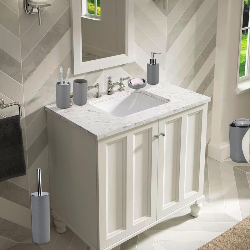 TRIVYOM 6PCS Bathroom Accessories Set Modern Design Bath Accessories Bath Set Plastic Toothbrush Holder Toothbrush Cup Soap Dispenser and Utensils Toilet Brush Holder Trash Can Grey - Image 2