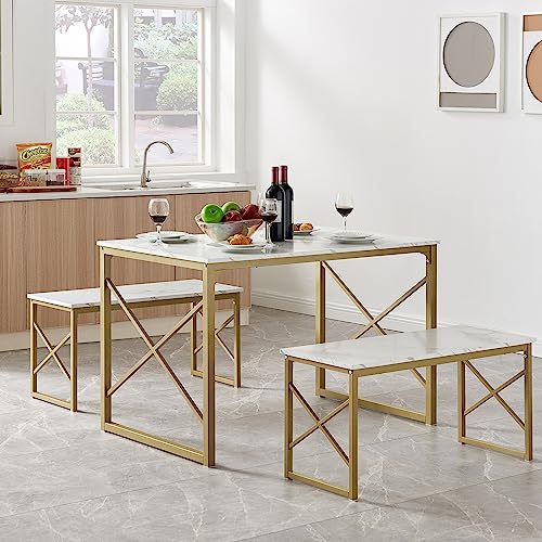 VECELO Kitchen Table with 2 Benches for 4 Wood Dining Room Dinette Sets with Metal Frame for Breakfast Nook and Small Space