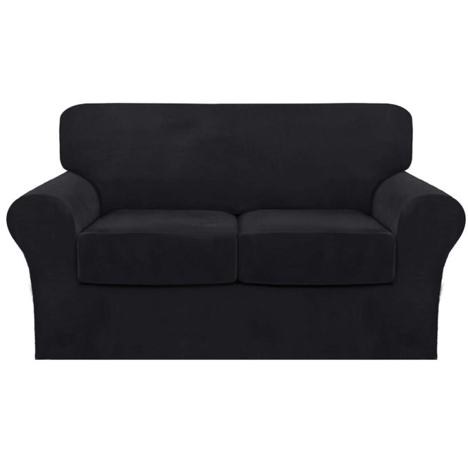3 PIECE SOFA COVERS VELVET FOR 2 CUSHION COUCH STRETCH LOVESEAT SLIPCOVER WITH INDIVIDUAL SEAT ELASTIC FURNITURE PROTECTOR FOR PETS LOVESEAT BLACK