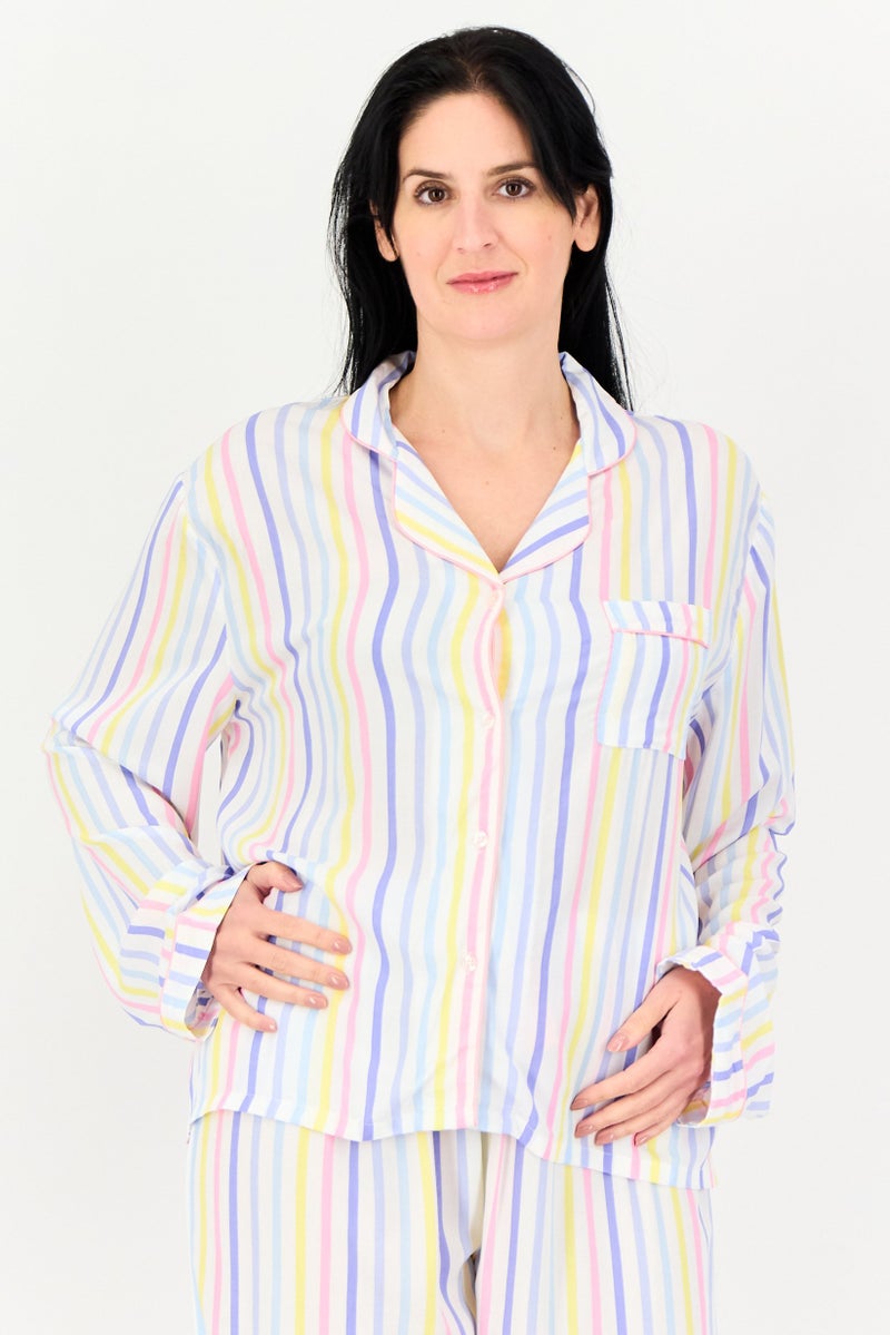 bebe Women 2 Pcs Stripe Print Top And Bottom Pyjama Set, Multicolor  - Image 2